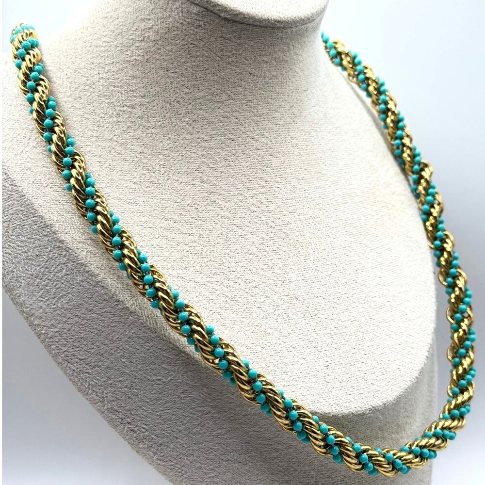 Turquoise & Gold Rope Necklace – Twisted Bead Design 10" drop
